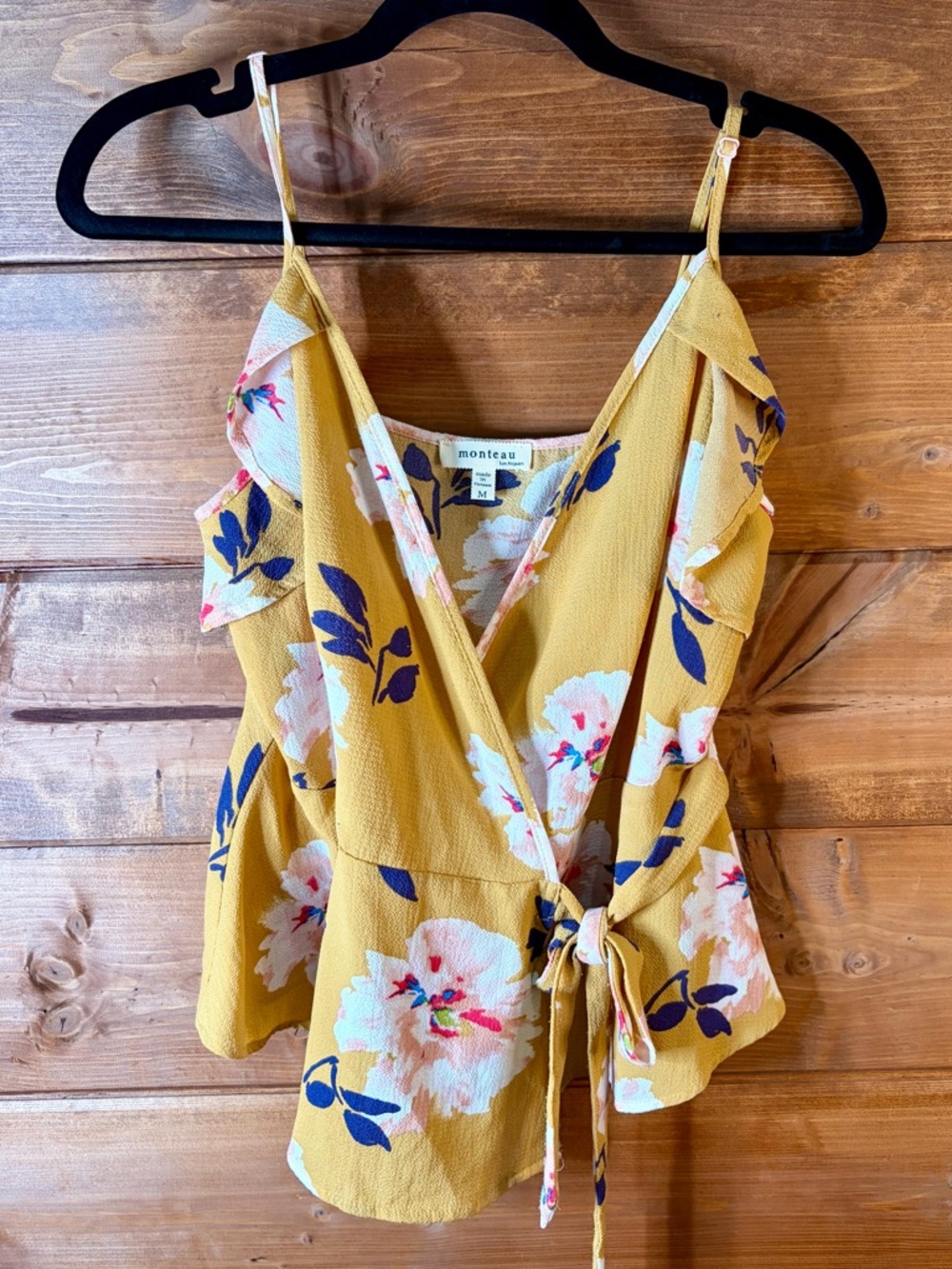 Monteau Mustard Floral Wrap Cami with Ruffle Trim Medium